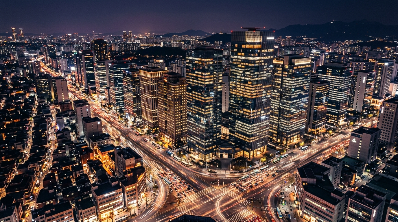 강남역 야간 거리 풍경과 빌딩 불빛이 만드는 역삼동 핵심 권역 비즈니스 야경 무드