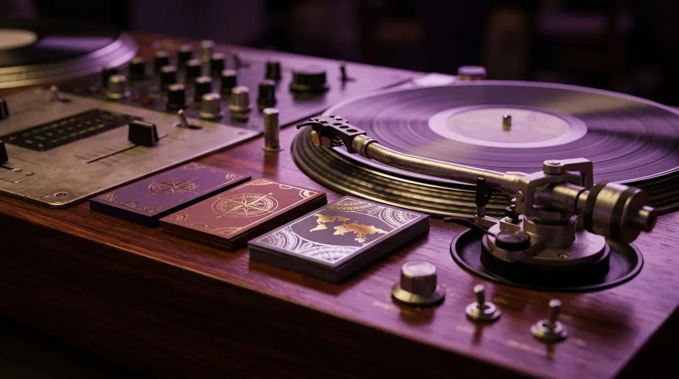 세계적 DJ 빈티지 콘솔과 매주 변화 테마 카드가 어우러진 글로벌 퍼포먼스 정물 디테일 매크로